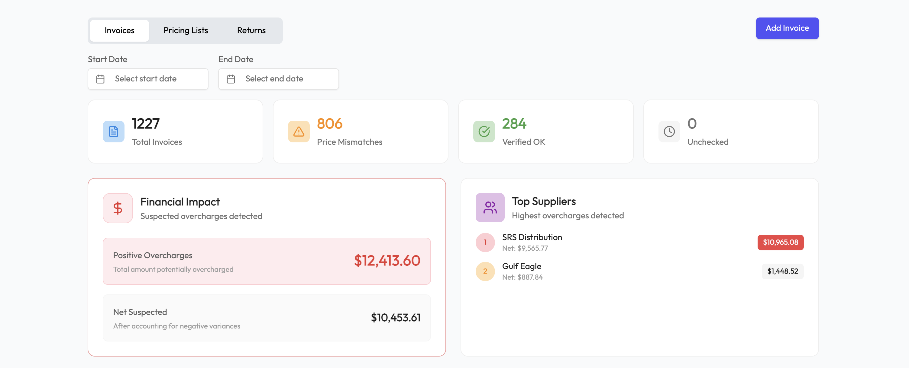 Hibe invoice verification showing price mismatches and supplier overcharges